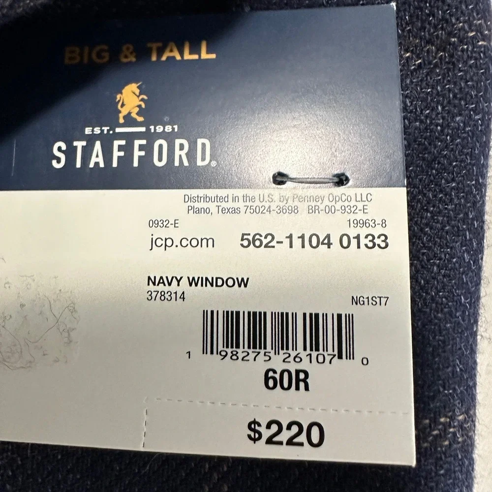 Stafford Mens 60R Sport Coat Navy Windowpane Wool‎ Blend Big & Tall 3-Button NEW